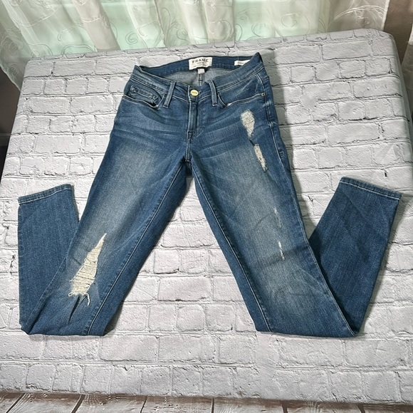 Frame Denim Jeans Women 25 Le Skinny de Jeanne Mid Rise distressed Blue Med Wash - Picture 1 of 16